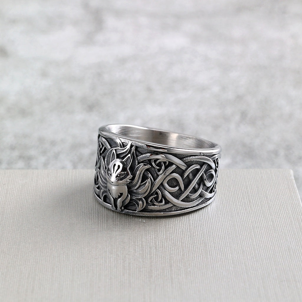 Vintage Nordic Solid Stainless Steel Viking Nine-Tailed Fox Pattern Ring for Men