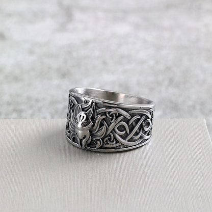 Vintage Nordic Solid Stainless Steel Viking Nine-Tailed Fox Pattern Ring for Men
