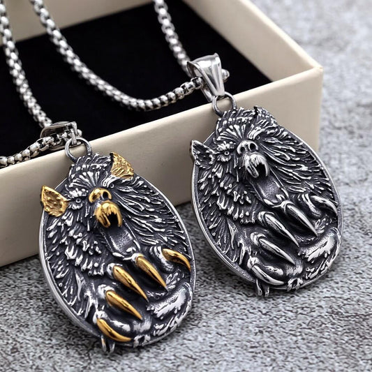 Men's Steel Bear Head & Claw Round Pendant Necklace