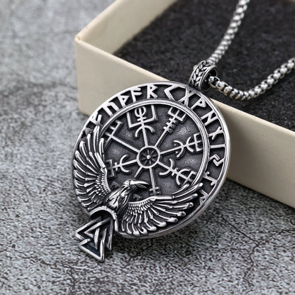 Men's Steel Viking Raven Rune Compass Round Tag Pendant Necklace