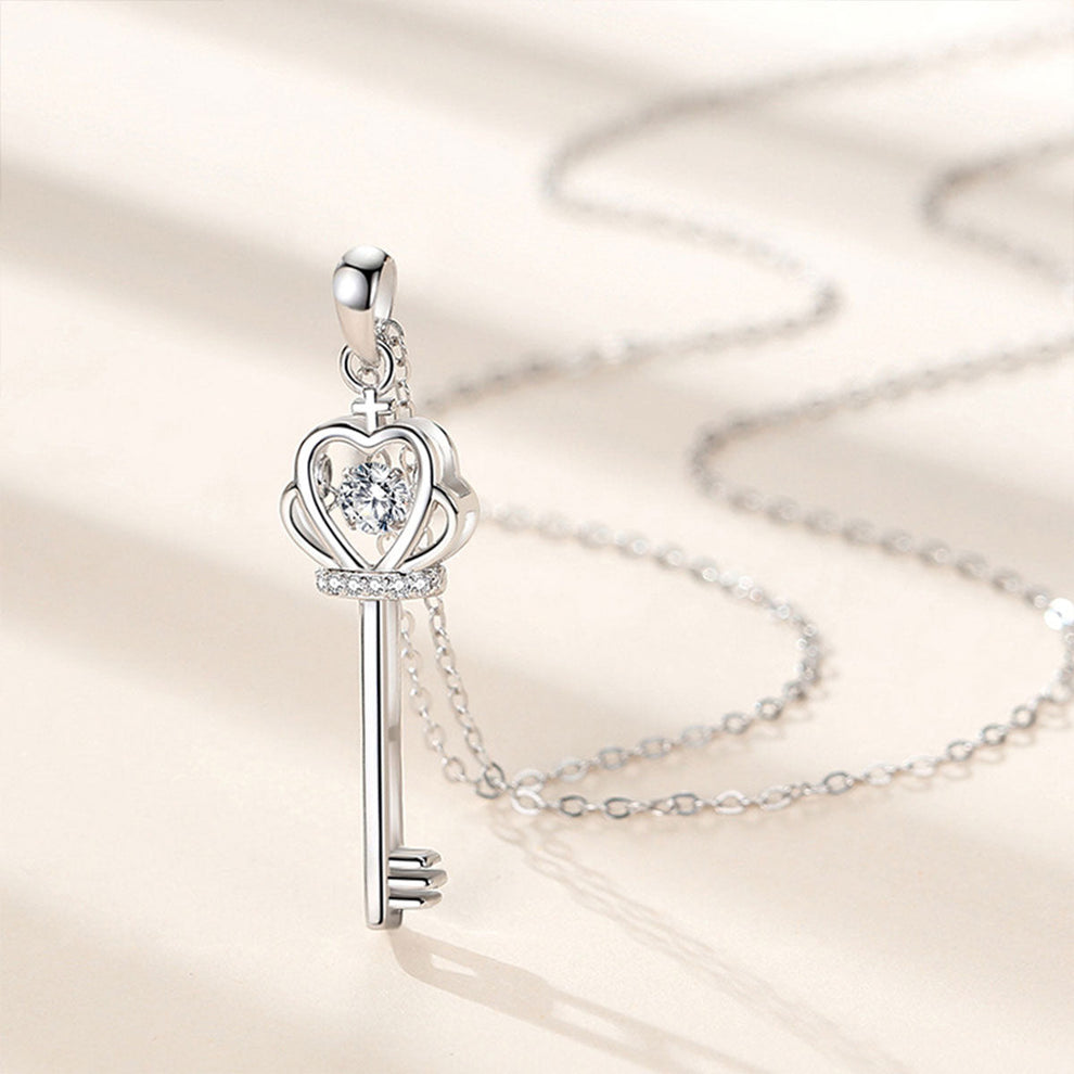 Women's White Gold Crown Key Shape Beating Heart Mossanite Pendant
