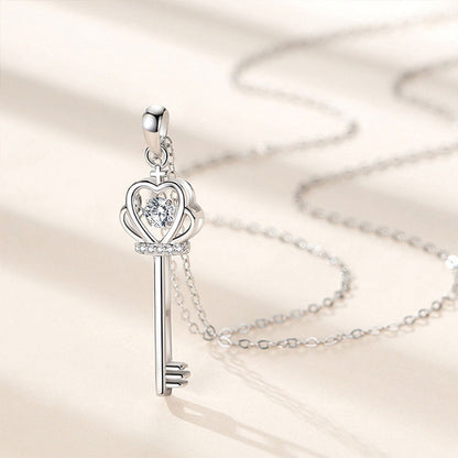 Women's White Gold Crown Key Shape Beating Heart Mossanite Pendant