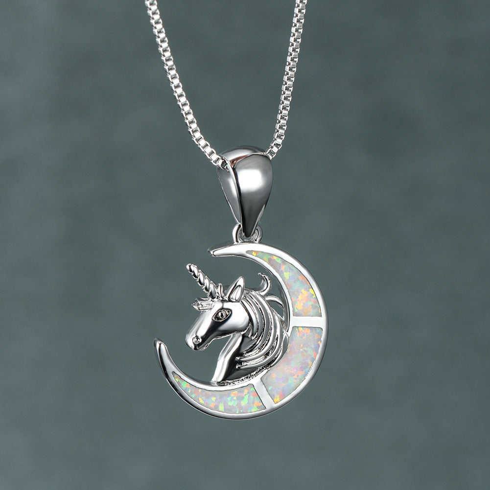 Ins Opal Unicorn Crescent Moon Necklace