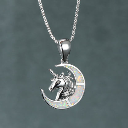 Ins Opal Unicorn Crescent Moon Necklace