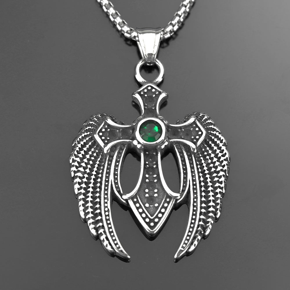 Men's Steel Winged Cross With Green Zirconia Pendant Necklace