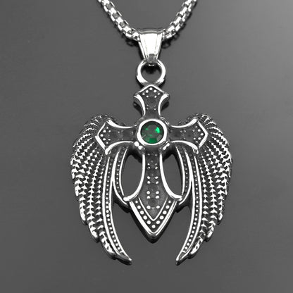 Men's Steel Winged Cross With Green Zirconia Pendant Necklace
