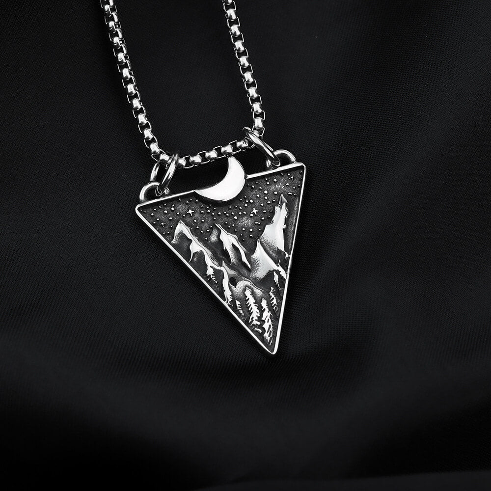 Mens Steel Triangle Mountain Moon Star Pendant Necklace