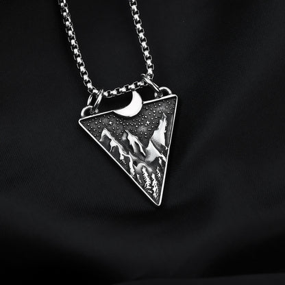 Mens Steel Triangle Mountain Moon Star Pendant Necklace