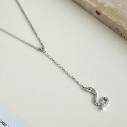 Women's Unique Snake Pendant Necklace, Round Zirconia Inlay, S925 with White Gold Plating