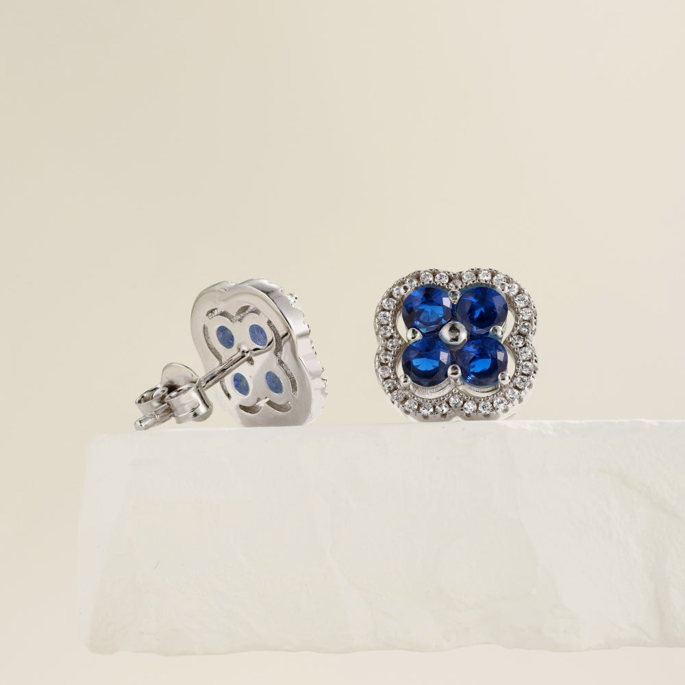 Women's Clover Halo Stud Earrings, Round Blue Sapphire, S925 with White Gold Plating