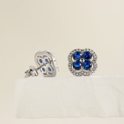 Women's Clover Halo Stud Earrings, Round Blue Sapphire, S925 with White Gold Plating