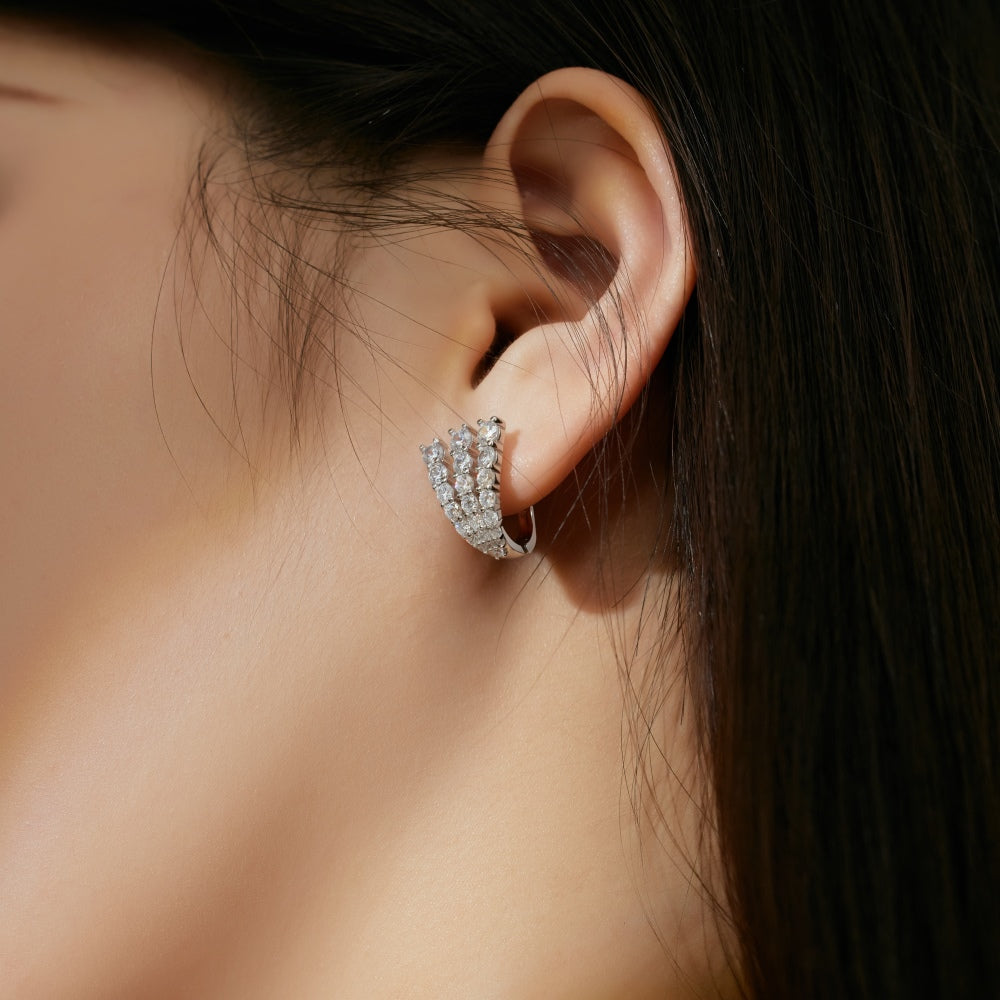 Women's U‑Shape Click Hoop Earrings, 3‑Row Paved Round Zirconia, S925 with White Gold Plating