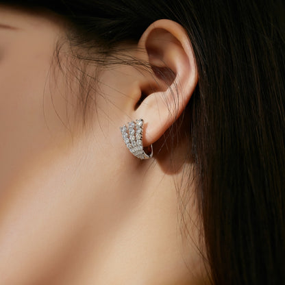 Women's U‑Shape Click Hoop Earrings, 3‑Row Paved Round Zirconia, S925 with White Gold Plating