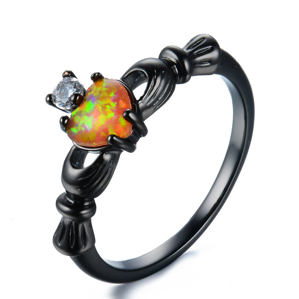 Women's Black Plated Heart Shape Multi Opal With Zirconia ring