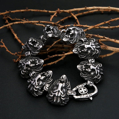 Vintage Bold Lion Head Cast Stainless Steel Men Bracelet, Personality Sculpted Open Cuff Wrist Jewelry