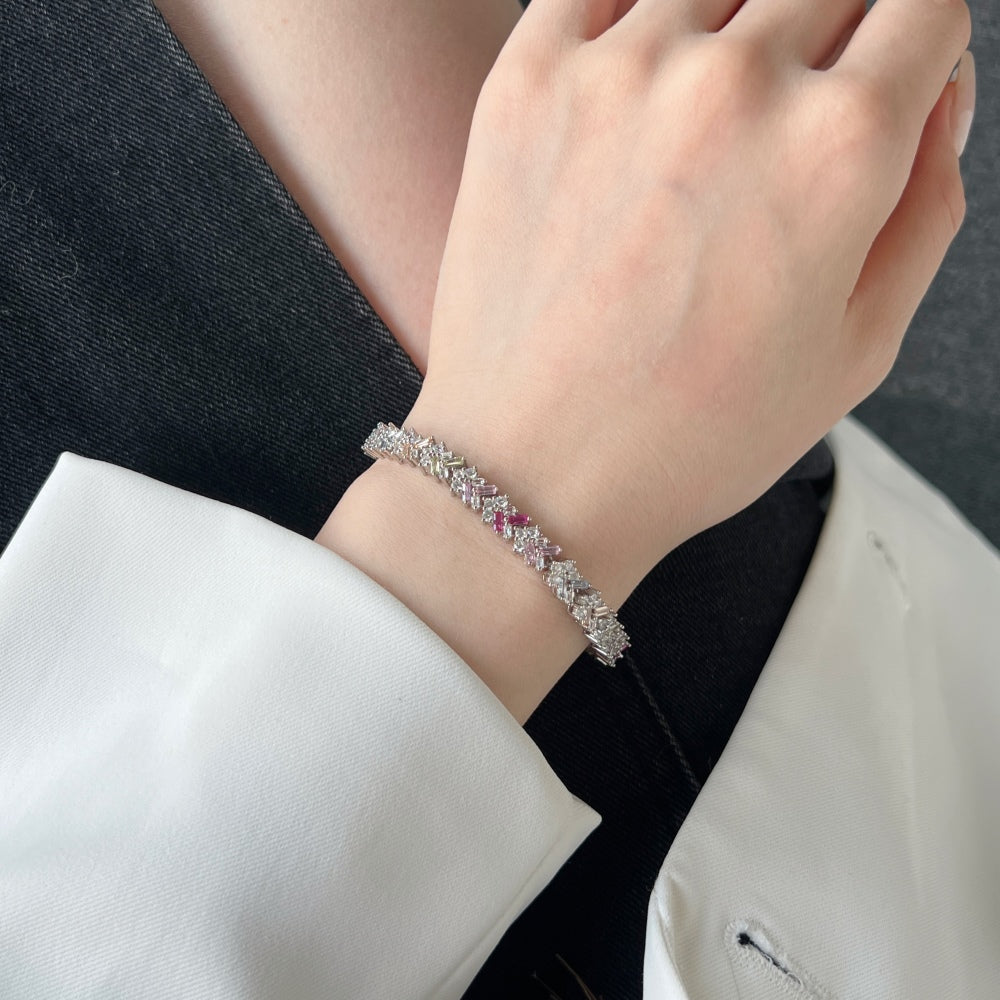 Women's Tennis Bracelet, Rainbow Multicolor Bagu‑Cut Rectangular Zirconia Inlay, S925 with White Gold Plating