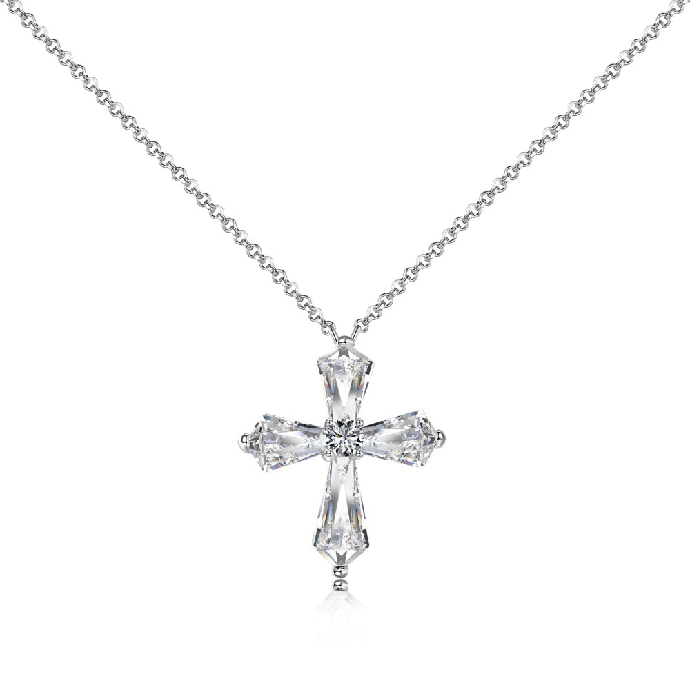 Women's Cross Pendant Necklace, Spliced Pentagon Clear Zirconia, S925 with White Gold Plating