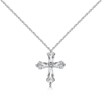 Women's Cross Pendant Necklace, Spliced Pentagon Clear Zirconia, S925 with White Gold Plating