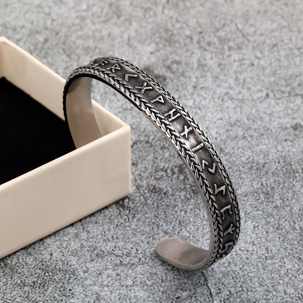 Nordic Retro Viking Runes Open C Bracelet for Men, Vintage Stainless Steel Cuff Bangle