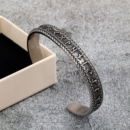 Nordic Retro Viking Runes Open C Bracelet for Men, Vintage Stainless Steel Cuff Bangle