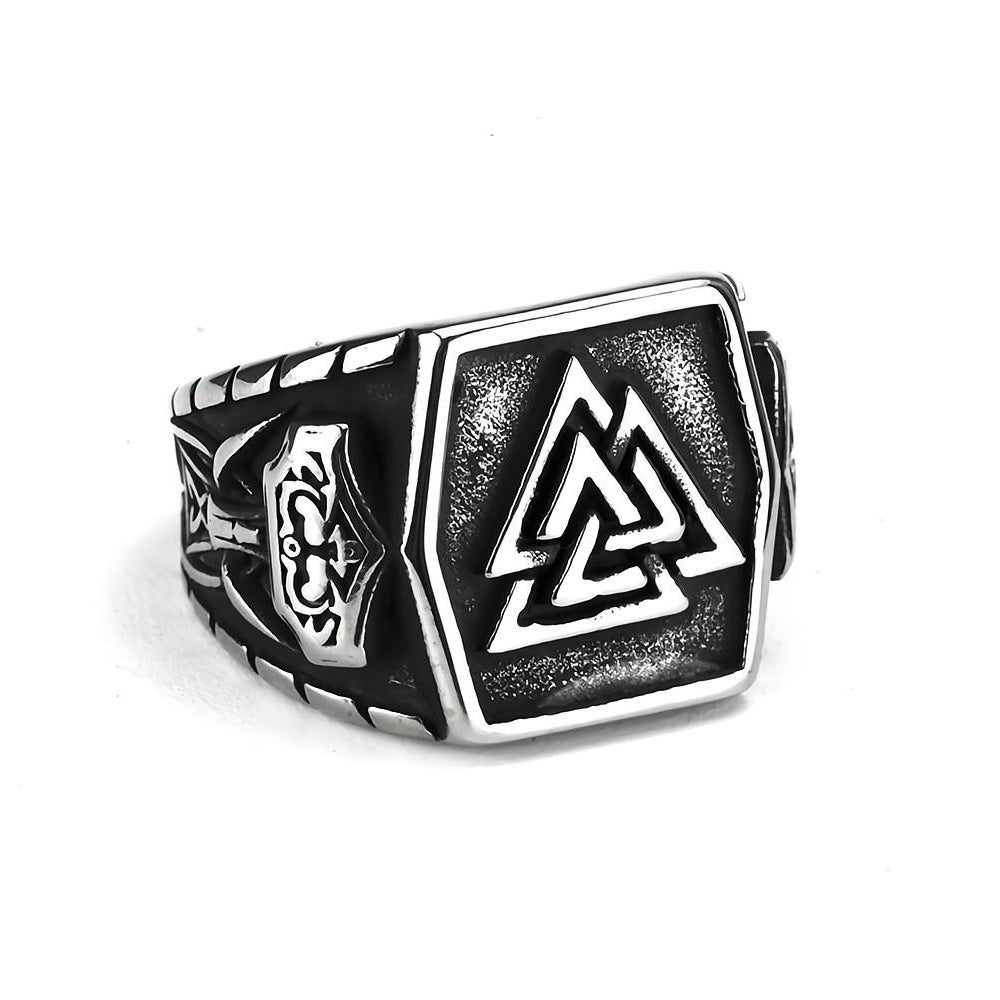 Vintage Antique Finish Stainless Steel Engraved Anchor Viking Triangle Symbol Hexagon Ring for Men