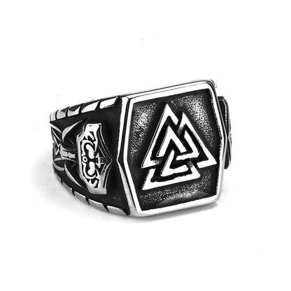 Vintage Antique Finish Stainless Steel Engraved Anchor Viking Triangle Symbol Hexagon Ring for Men