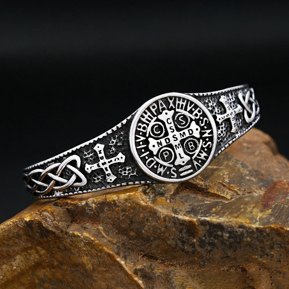 Men's Vintage Stainless Steel Open C Cuff Bracelet, Viking Celtic Knot Cross Exorcist Pattern Retro Adjustable Bangle