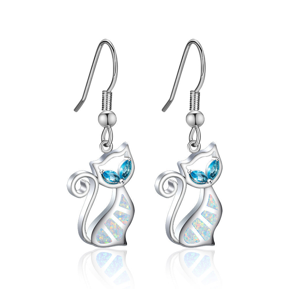 Women's Hollow Cute Cat Blue Eyes Blue Opal / White Opal Earrings, White Gold Plated