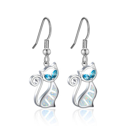 Women's Hollow Cute Cat Blue Eyes Blue Opal / White Opal Earrings, White Gold Plated
