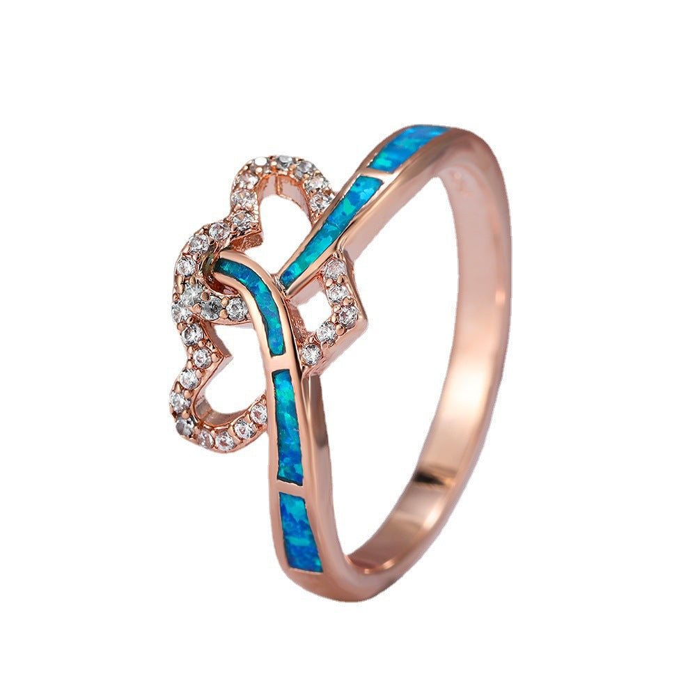 Women's Intertwined Double Heart Opal With Zirconia Ring