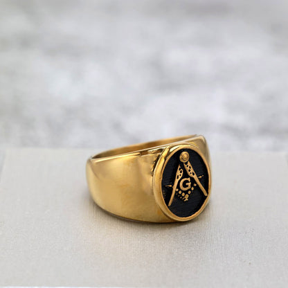 Vintage Gold Plated Stainless Steel AG Masonic Round Ring for Men Black Polished Background