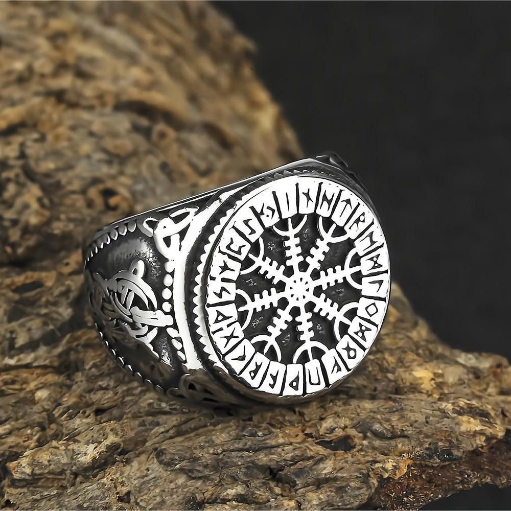Vintage Stainless Steel Viking Snowflake Compass Rune Ring for Men