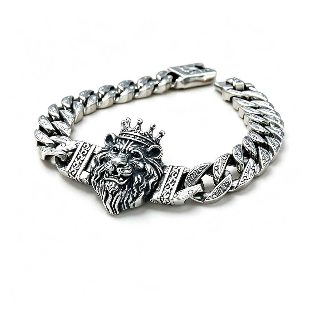 Men's Vintage Crown Lion Head Engraved Curb Bracelet