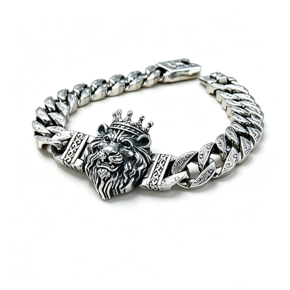 Men's Vintage Crown Lion Head Engraved Curb Bracelet