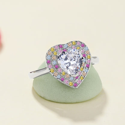 Women's S925 Silver White Gold Tone Ring, Heart Shape Color Cubic Zirconia & Round Colorful Cubic Zirconia Inlaid Fashion Ladies Rin