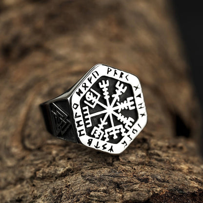 Vintage Antique Oxidized Solid Stainless Steel Norse Viking Helm of Awe Rune Hexagon Signet Band Ring for Men