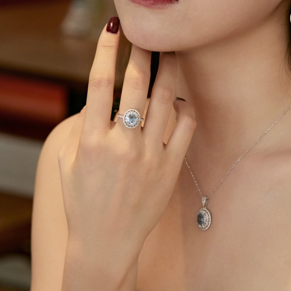 Women's Blue Oval Main Stone Inlaid White Round Zirconia Hollow Out Ring, S925 with White Gold Plating