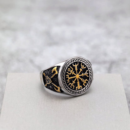 Vintage Nordic Solid Stainless Steel Engraved Axe Viking Compass Ring for Men