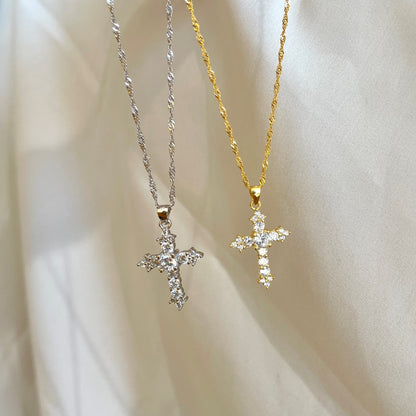 Women's Stackable Religious Cross Pendant Necklace, Zirconia Inlay, S925 with White Gold Plating