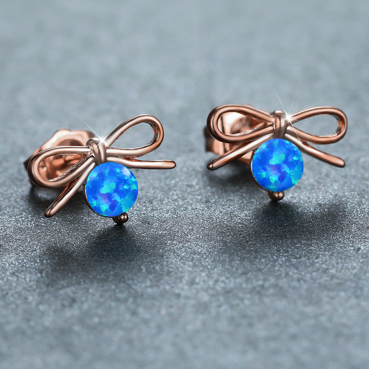 Women's Bow‑Shape Round Opal Stud Earrings, with Rose Gold Plating / White Gold Plating