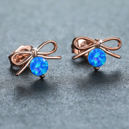 Women's Bow‑Shape Round Opal Stud Earrings, with Rose Gold Plating / White Gold Plating