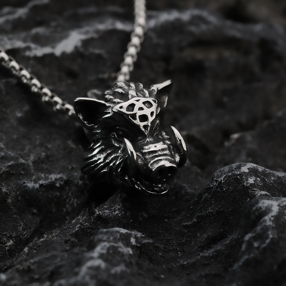 Mens Steel 3D Wild Boar Pendant Necklace
