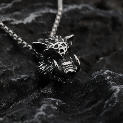 Mens Steel 3D Wild Boar Pendant Necklace