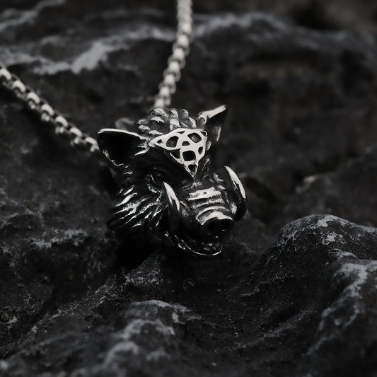 Mens Steel 3D Wild Boar Pendant Necklace