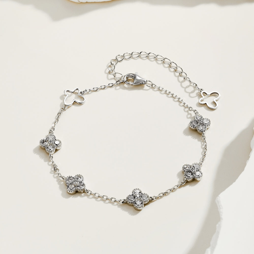 Women's Fashion Exquisite Bracelet, Round Zirconia Inlaid Clover & Hollow Butterfly Design, S925 with White Gold Plating