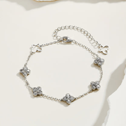 Women's Fashion Exquisite Bracelet, Round Zirconia Inlaid Clover & Hollow Butterfly Design, S925 with White Gold Plating