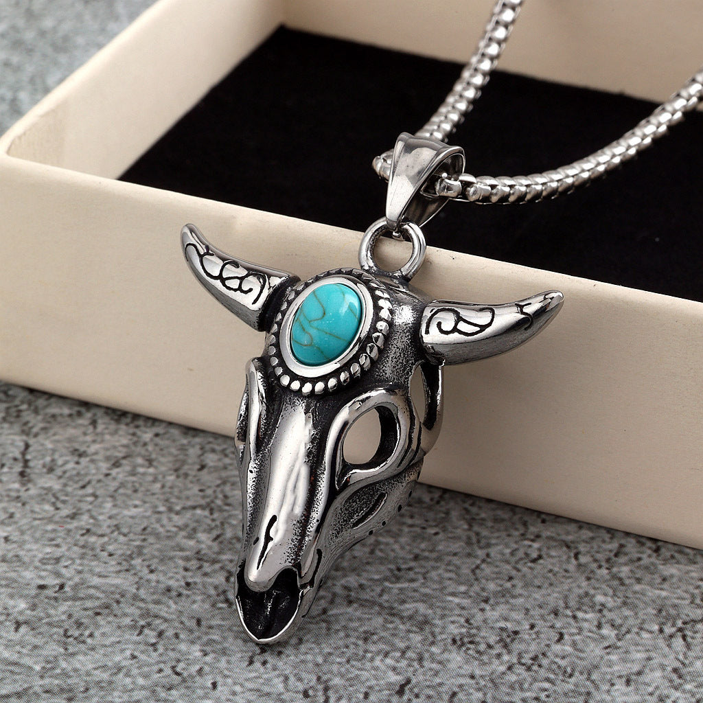 Vintage Stainless Steel green Head Pendant Necklace for Men with Inlaid Blue Stone