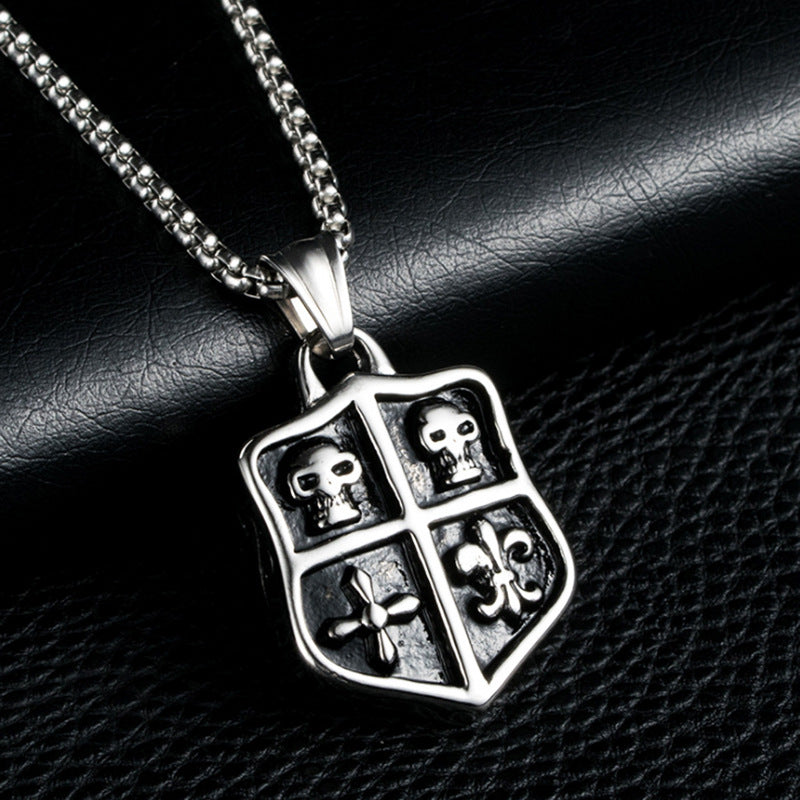 Men's Steel Shield Skull Pendant Necklace