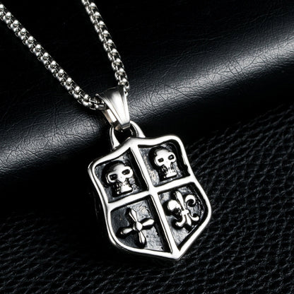 Men's Steel Shield Skull Pendant Necklace