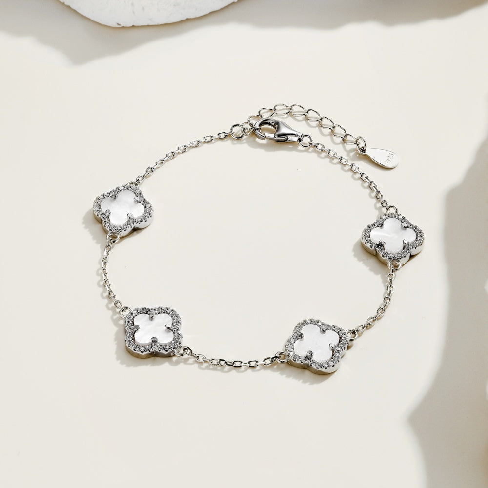 Women's Delicate Bracelet, White Shell & Round White Zirconia Inlay Clover Design, S925 with White Gold Plating